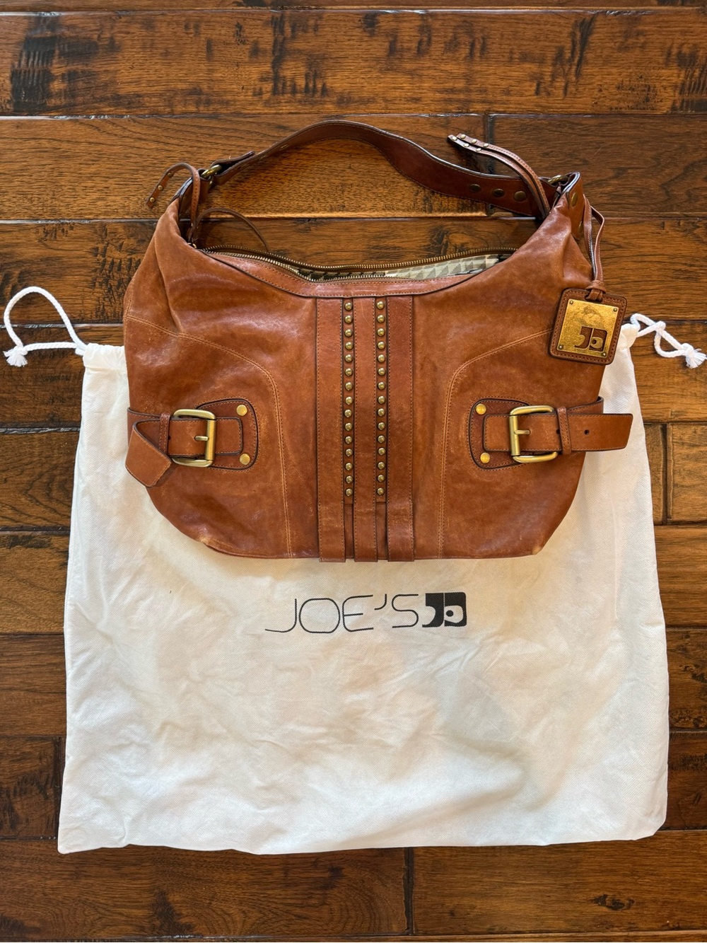 Joe's Jeans Cognac Large Leather Hobo Bag with Stud & Buckle Detail